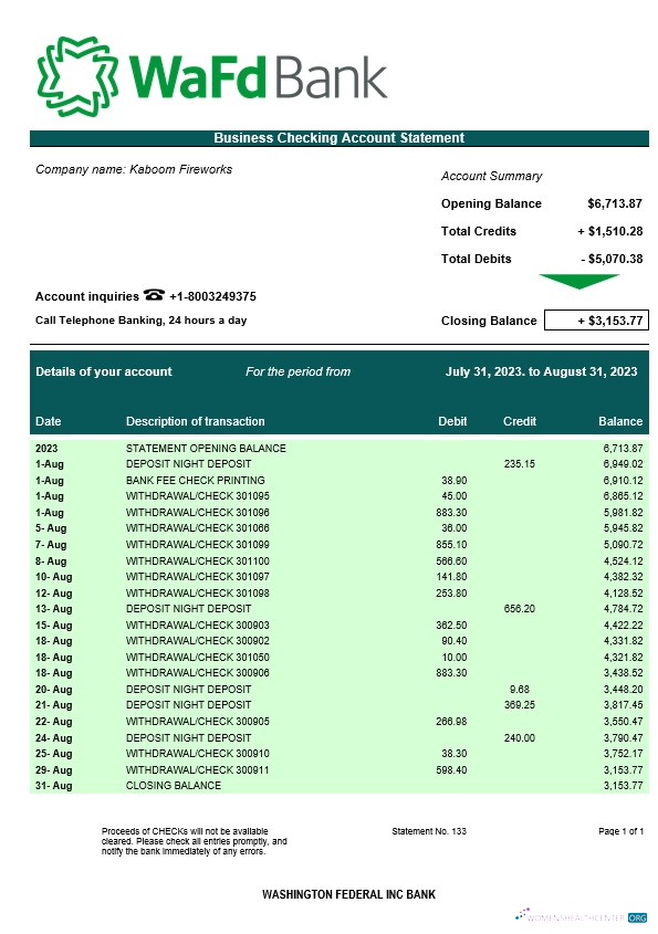 Washington Federal Inc Bank business checking account statement Word and PDF template